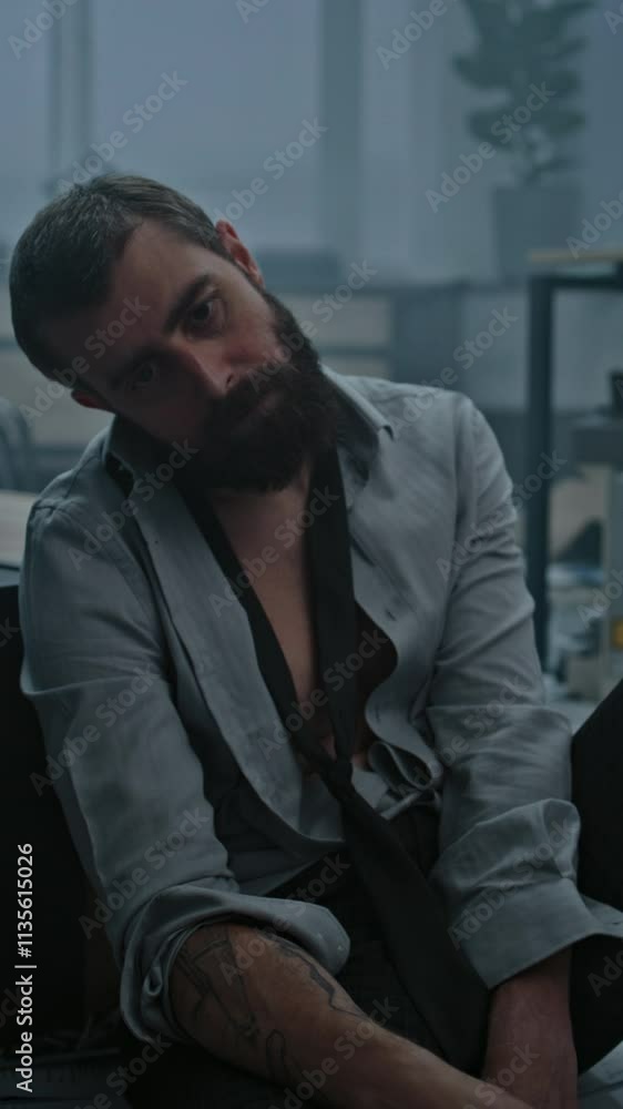 Depressed businessman sits on the floor after fit of rage over failed business deal or receiving bad news. Stressed office employee in destroyed office room. Financial crisis or firing. Job burnout. Depressed businessman sits on the floor after fit of rage over failed business deal or receiving bad news. Stressed office employee in destroyed office room. Financial crisis or firing. Job burnout.