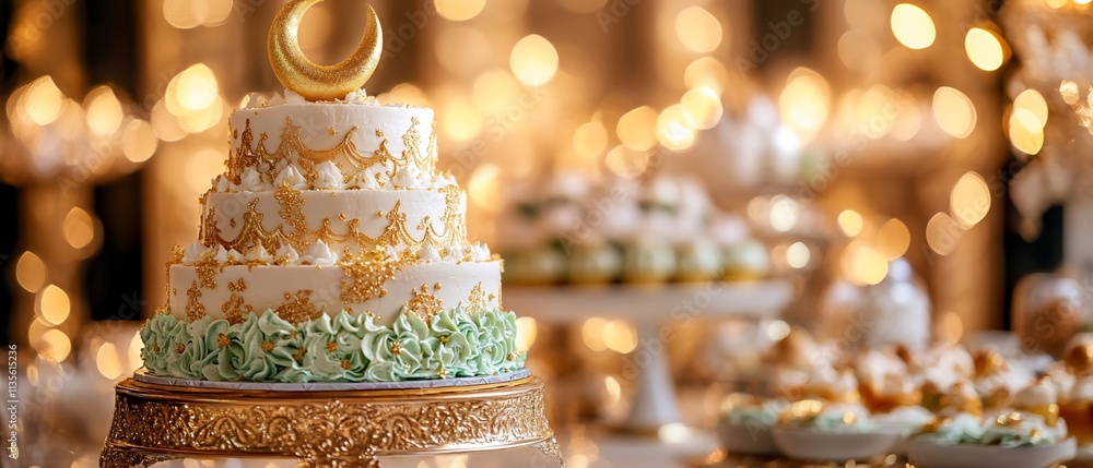 Elegant three-tiered wedding cake with gold crescent moon topper. Elegant three-tiered wedding cake with gold crescent moon topper.