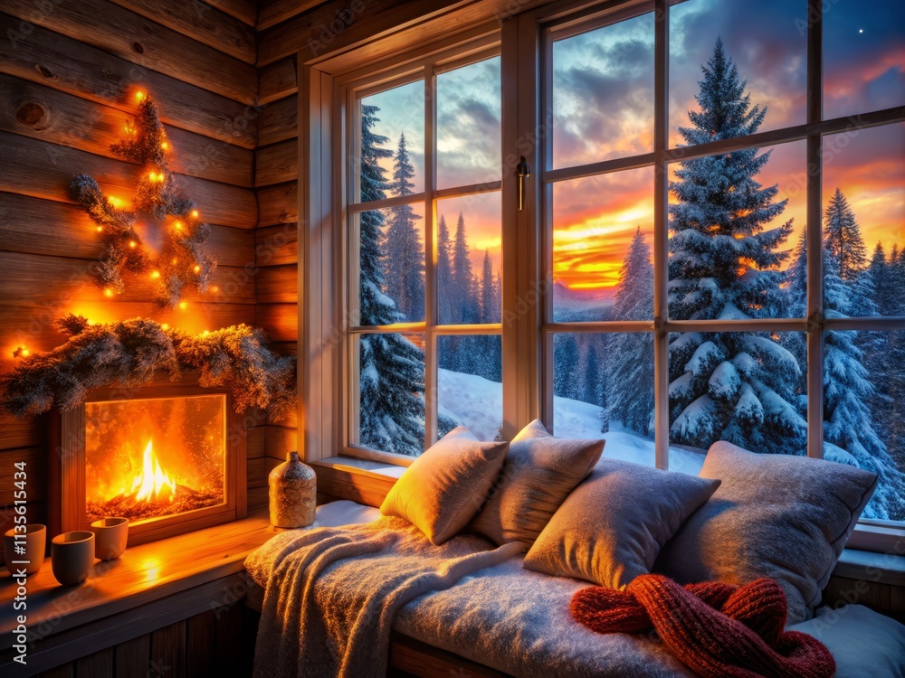 Fototapeta premium Winter Cozy Dreamscape: Fireplace, Snow, Cabin, Hygge, Warmth, Snowy Landscape, Winter Wonderland 