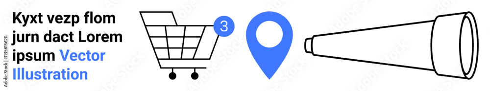 Shopping cart with notification, blue location pin, and telescope. Ideal for online shopping, ecommerce, navigation, search, discovery, alerts, and tracking Landing page Shopping cart with notification, blue location pin, and telescope. Ideal for online shopping, ecommerce, navigation, search, discovery, alerts, and tracking Landing page