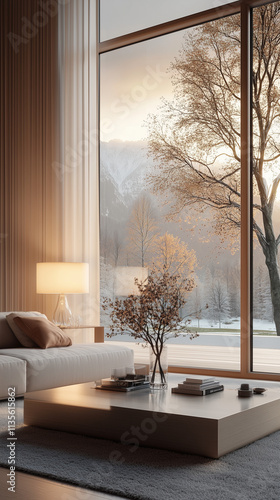 A living room with a lamp turned on during the day, heavy clouds visible through a large window, muted indoor lighting creating a soft yet dim ambiance, detailed textures of furniture and decor photo