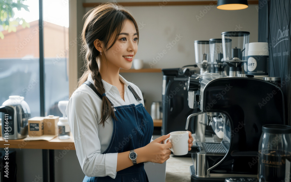 barista smiles while preparing coffee in cozy cafe setting, showcasing her skills and passion for brewing. warm atmosphere enhances experience barista smiles while preparing coffee in cozy cafe setting, showcasing her skills and passion for brewing. warm atmosphere enhances experience