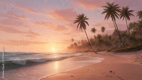 A serene beach at sunrise, with soft pink and orange skies, gentle waves washing onto the shore, and palm trees swaying in the breeze. Generative ai 