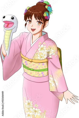 白蛇のパペットを持ったピンクの花柄着物の女の子（フルカラー）