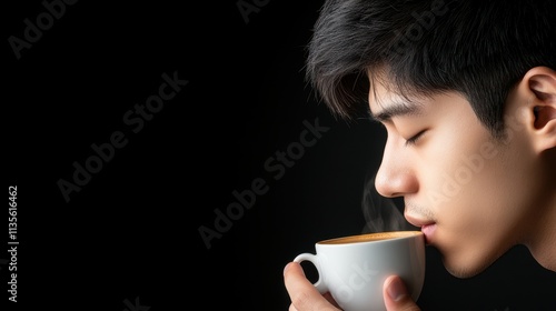 A man is drinking coffee and taking a deep breath