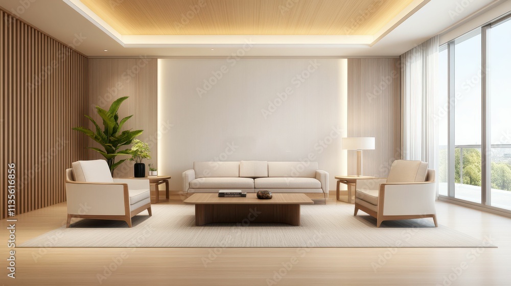 A living room with a white wall and wooden furniture A living room with a white wall and wooden furniture