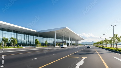 A large airport terminal with a long road in front of it