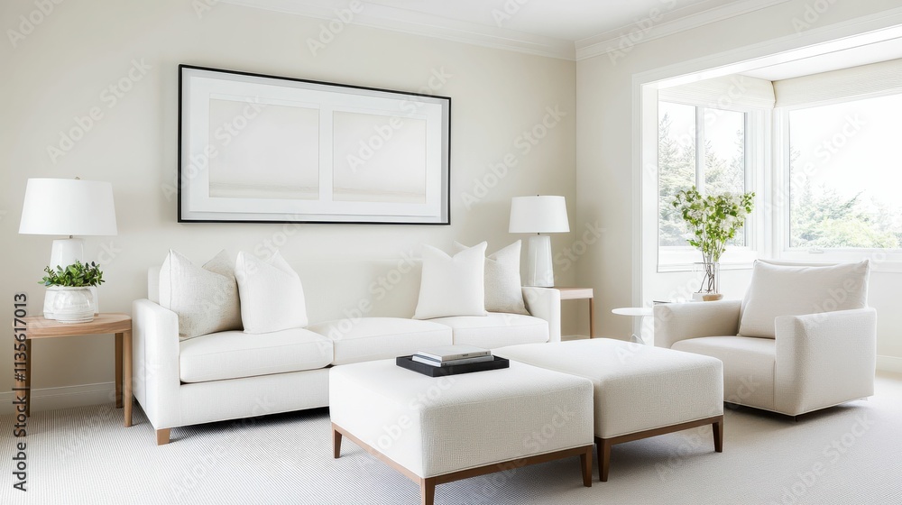 A white living room with a large framed picture on the wall A white living room with a large framed picture on the wall
