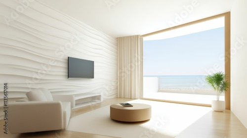 A living room with a white wall and a large window overlooking the ocean