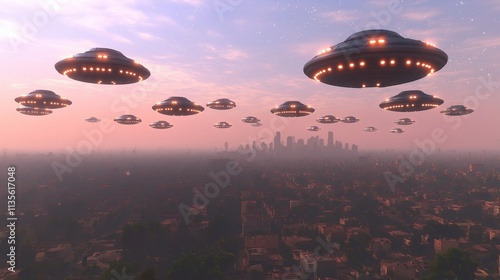 A fleet of futuristic alien UFOs  and drones hovering over city symbolizing invasion of the earth by extraterrestrials in flying saucers using advanced technology photo