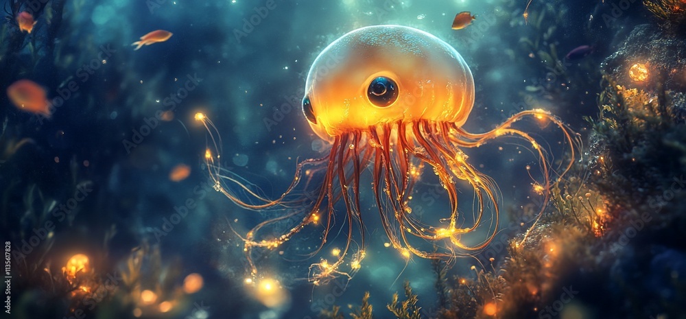 Fototapeta premium Glowing jellyfish in vibrant underwater scene.