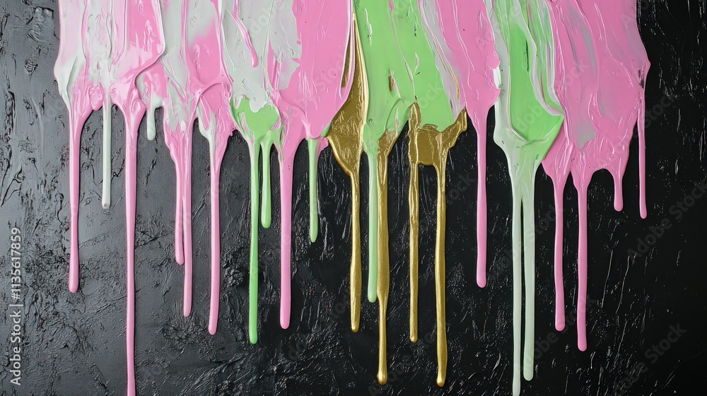 A vibrant abstract painting with layers of dripping paint in pastel pink, neon green, and rich gold, contrasted against a textured black focal background. A vibrant abstract painting with layers of dripping paint in pastel pink, neon green, and rich gold, contrasted against a textured black focal background.