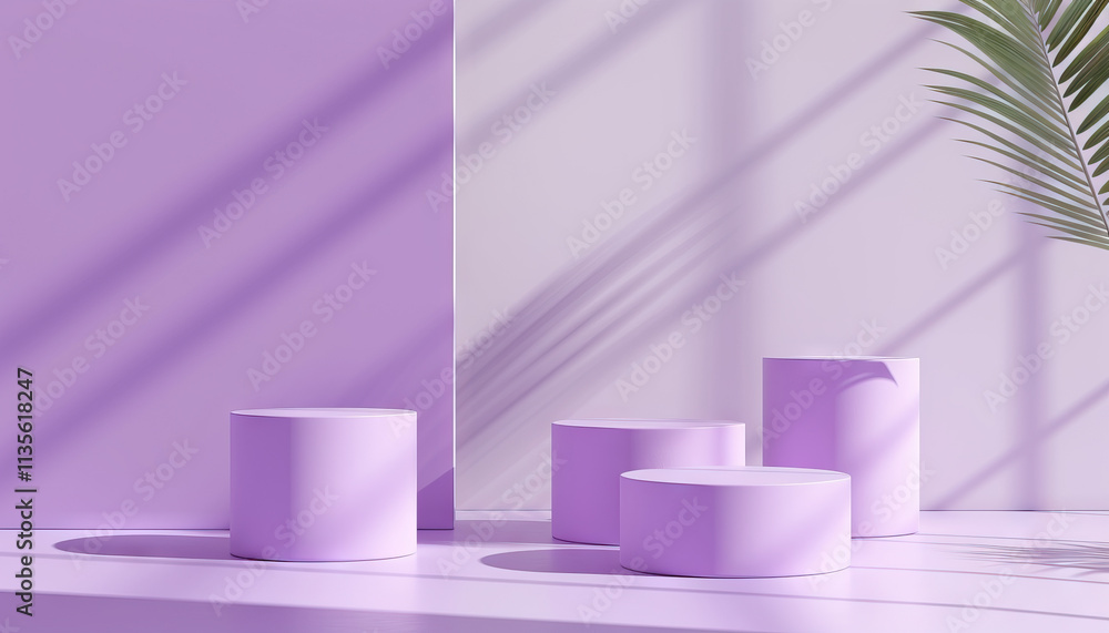 Lavender Cylindrical Platforms and Palm Leaf in Sunlit Room Lavender Cylindrical Platforms and Palm Leaf in Sunlit Room