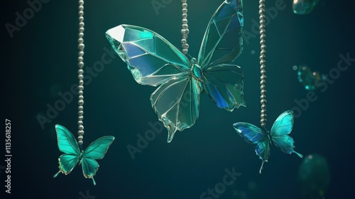 A vibrant deep teal background with crystal glass butterflies suspended by shimmering pearl-like ropes. The largest butterfly, crystal-clear with a hint of emerald.