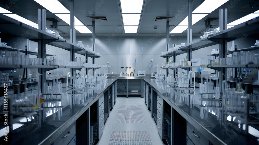 Empty research laboratory with sterile white walls and stainless steel tables. The absence of activity symbolizes potential and the promise of future discoveries. Empty research laboratory with sterile white walls and stainless steel tables. The absence of activity symbolizes potential and the promise of future discoveries.