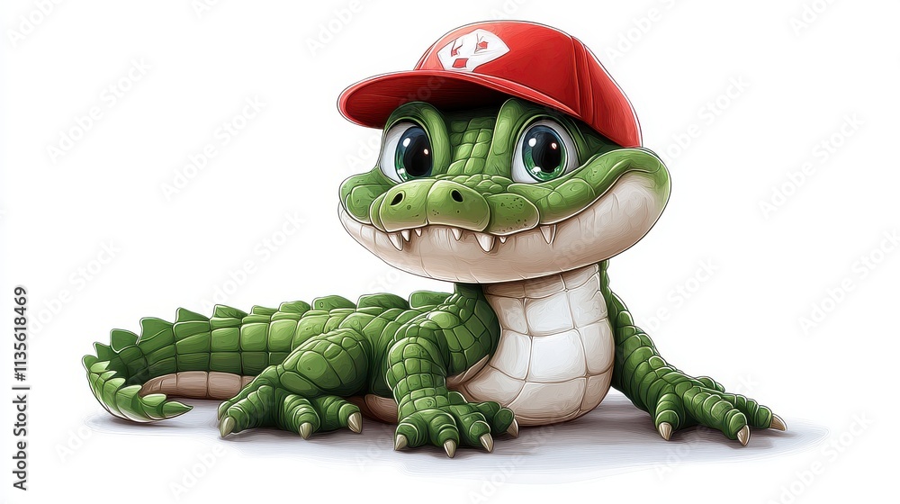 Fototapeta premium a green and white crocodile with a red hat