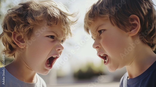 Two children arguing with fierce expressions outdoors.