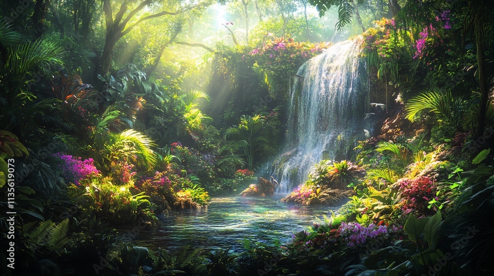 Lush rainforest waterfall cascading into a serene pool, surrounded by vibrant flora. Lush rainforest waterfall cascading into a serene pool, surrounded by vibrant flora.
