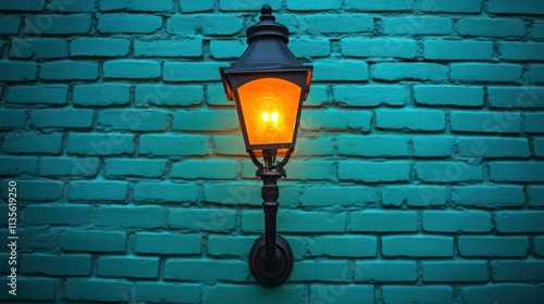 A vintage black street lamp with warm orange light glowing softly, set against a teal-colored brick wall. The contrast between the warm light and cool background  photo