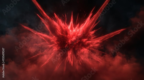 A violent burst of red smoke exploding from an unseen point, radiating outward in sharp, angular shapes, as if created by an invisible force.  photo