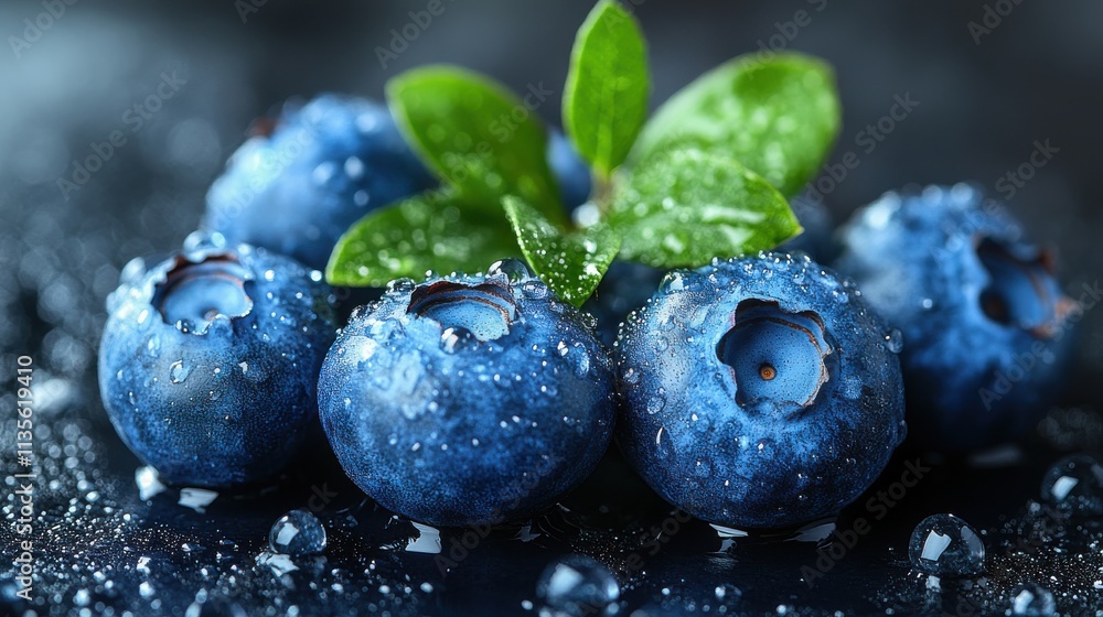 a group of blueberries with water droplets on them a group of blueberries with water droplets on them