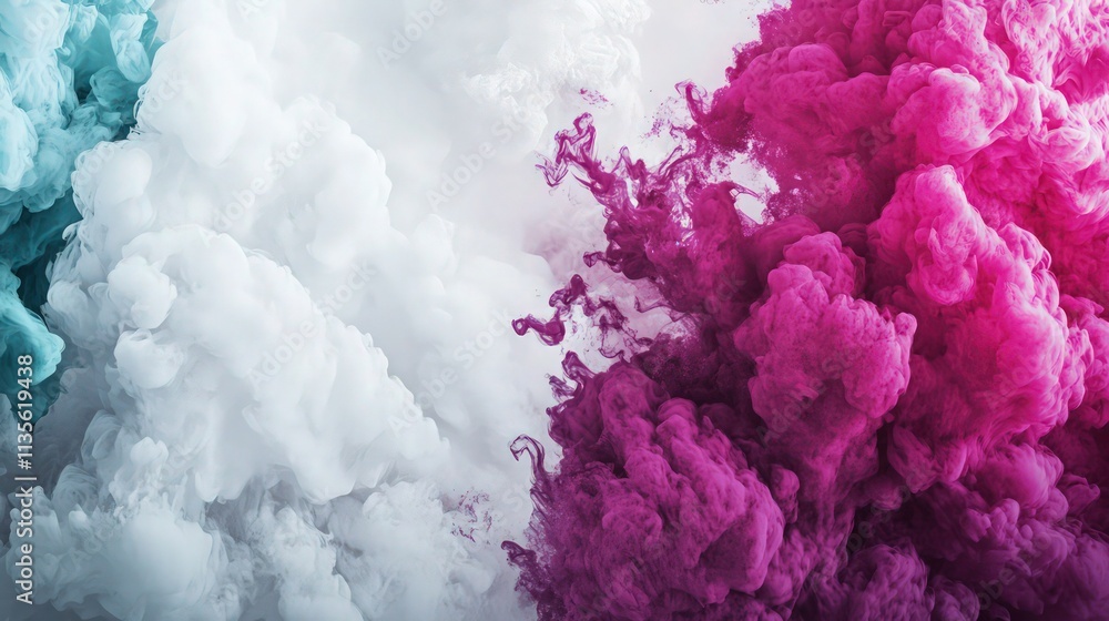 A visually rich and detailed abstract of ink clouds, blending fuchsia, snow white, and muted plum shades. The right side bursts with pink vibrance.
