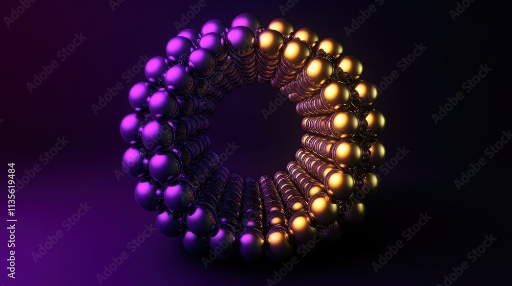 Obraz premium A visually striking 3D toroidal form crafted from uniform spheres, lit with electric purple on one side and radiant gold on the other. 