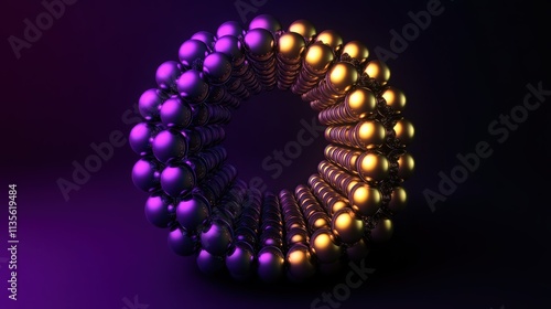 Wallpaper Mural A visually striking 3D toroidal form crafted from uniform spheres, lit with electric purple on one side and radiant gold on the other.  Torontodigital.ca