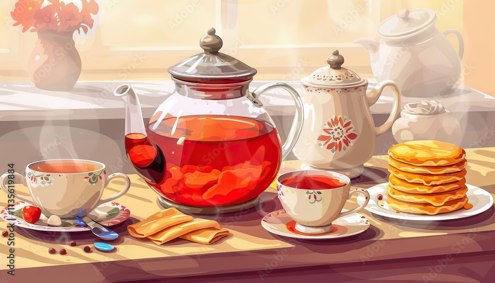Tabletop Still Life: Tea Service with Pancakes Tabletop Still Life: Tea Service with Pancakes