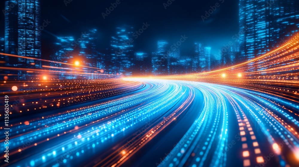 Futuristic city highway with glowing light trails at night. Futuristic city highway with glowing light trails at night.