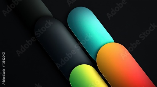 A sleek and modern abstract design with four overlapping, pill-shaped gradients arranged diagonally against a completely black background. 