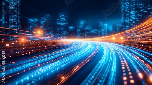 Futuristic city highway with glowing light trails at night.