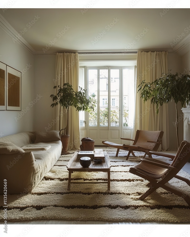 Fototapeta premium Serene Parisian Apartment Living Room with Beige Accents and Wooden Furniture