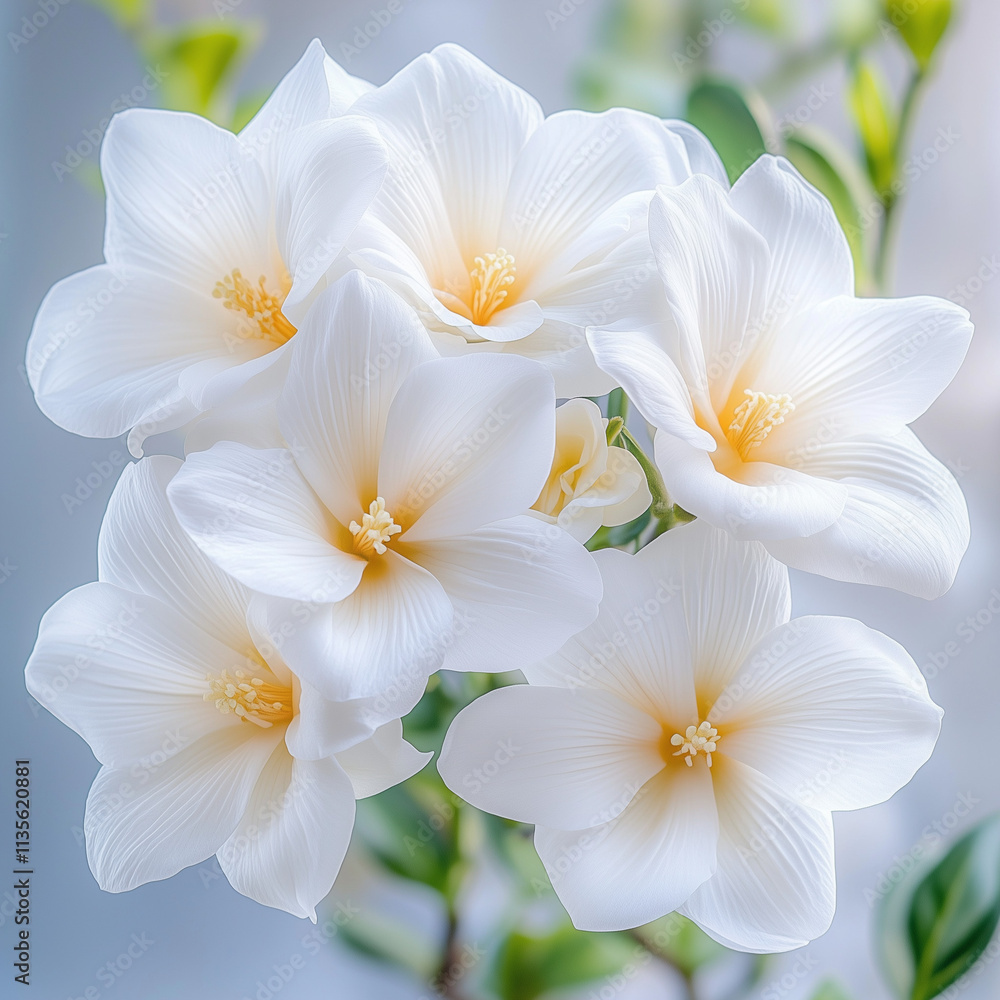 Fototapeta premium Close-up of a pristine white jasmine flower, capturing its delicate petals and subtle details. A fresh and elegant composition highlighting the natural beauty and simplicity of this fragrant bloom.