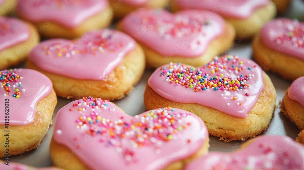 Delicious Heart-Shaped Cookies with Pink Icing and Sprinkles - Food Background Delicious Heart-Shaped Cookies with Pink Icing and Sprinkles - Food Background