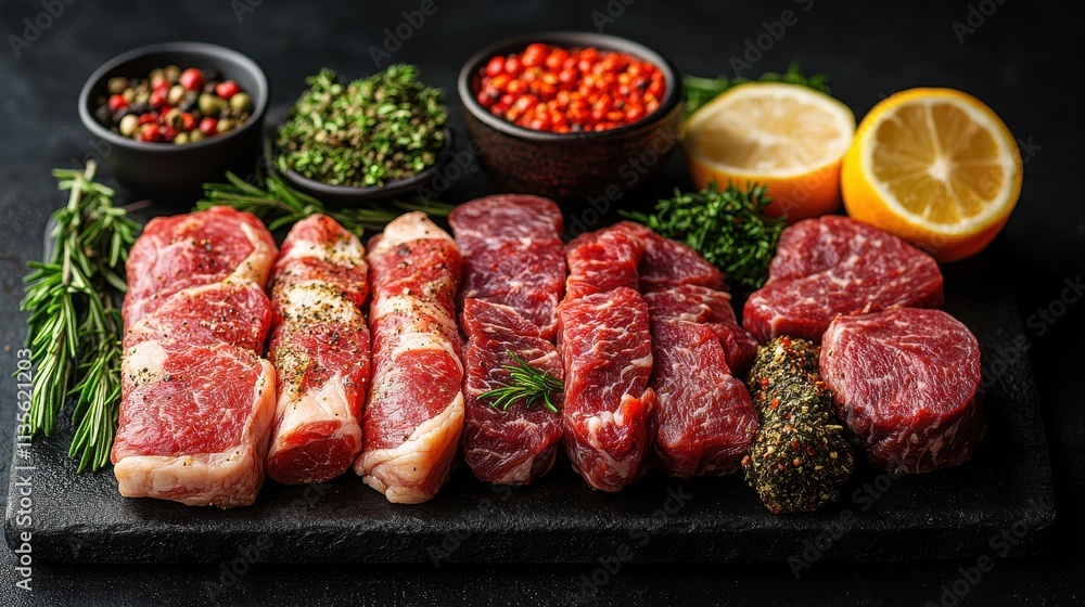 a group of raw meat with spices and herbs a group of raw meat with spices and herbs