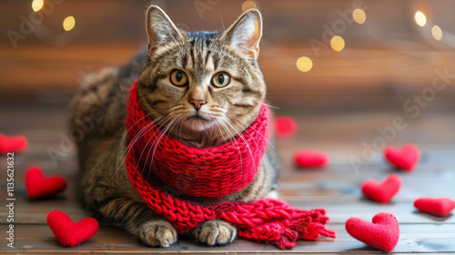 Charming cat in cozy red knit scarf surrounded by heart shaped toys for valentine s day theme photo