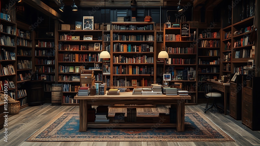 A large rustic wooden display stand with raw finishes, holding vintage books in a cozy bookstore with rich tones, vintage lamps, and a warm, inviting atmosphere, nostalgic and practical. --ar 16:9 A large rustic wooden display stand with raw finishes, holding vintage books in a cozy bookstore with rich tones, vintage lamps, and a warm, inviting atmosphere, nostalgic and practical. --ar 16:9