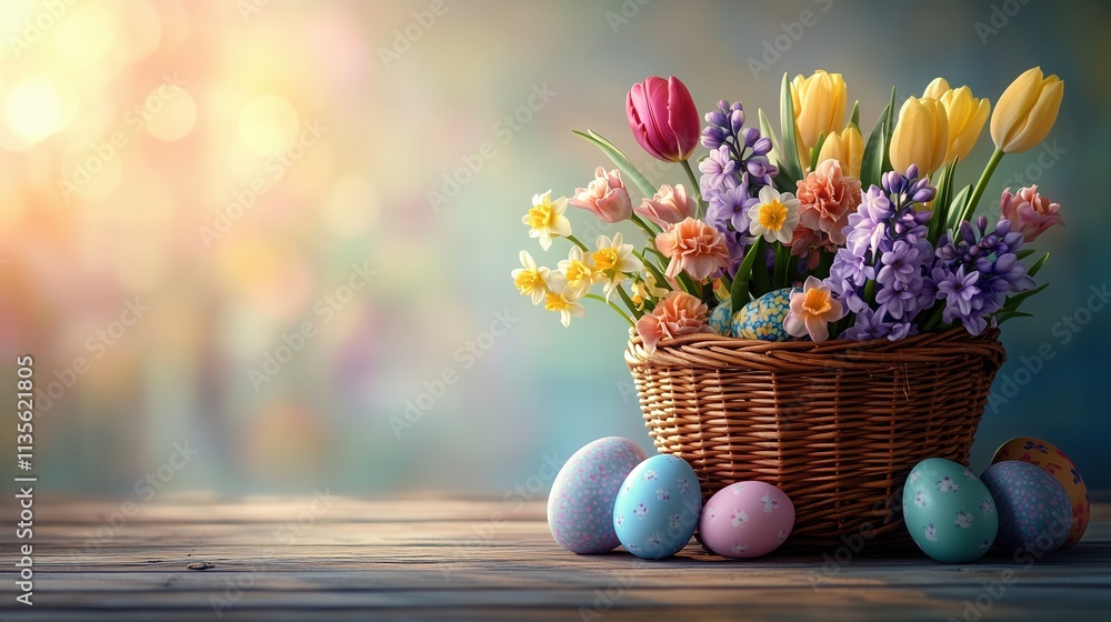 Vibrant Spring Easter Basket with Tulips, Hyacinths, and Decorated Eggs on Wooden Table Vibrant Spring Easter Basket with Tulips, Hyacinths, and Decorated Eggs on Wooden Table