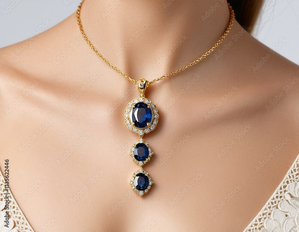 A gold necklace with a pendant featuring three blue gemstones hangs from a woman's neck. A gold necklace with a pendant featuring three blue gemstones hangs from a woman's neck.