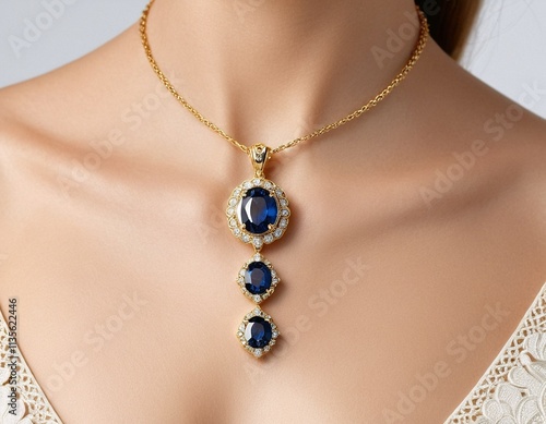 A gold necklace with a pendant featuring three blue gemstones hangs from a woman's neck.