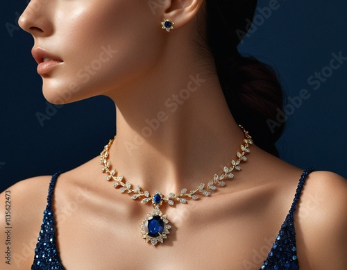A woman wears a gold necklace with blue gemstones and a matching earring, set against a dark blue background.
