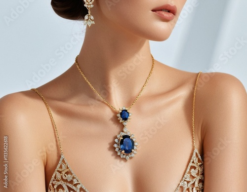 A woman wears a gold necklace with a large blue gemstone pendant and a matching earring, set against a light blue background.