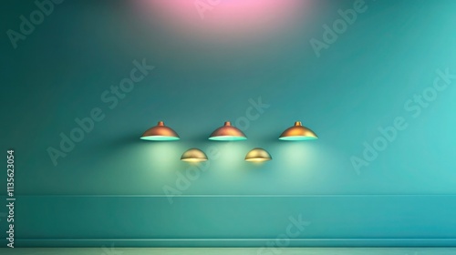 A smooth teal-colored wall with a glowing pink light at the top, casting downward. Below, three lights glow upward in contrasting colors: mint green, gold, and sky blue, each casting . photo