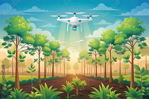 Drone Over Regrowing Forest Landscape with Saplings | Flat Design Vector Art | Eco-Friendly Stock Photo | Nature Renewal | Digital Art with Space for Text photo