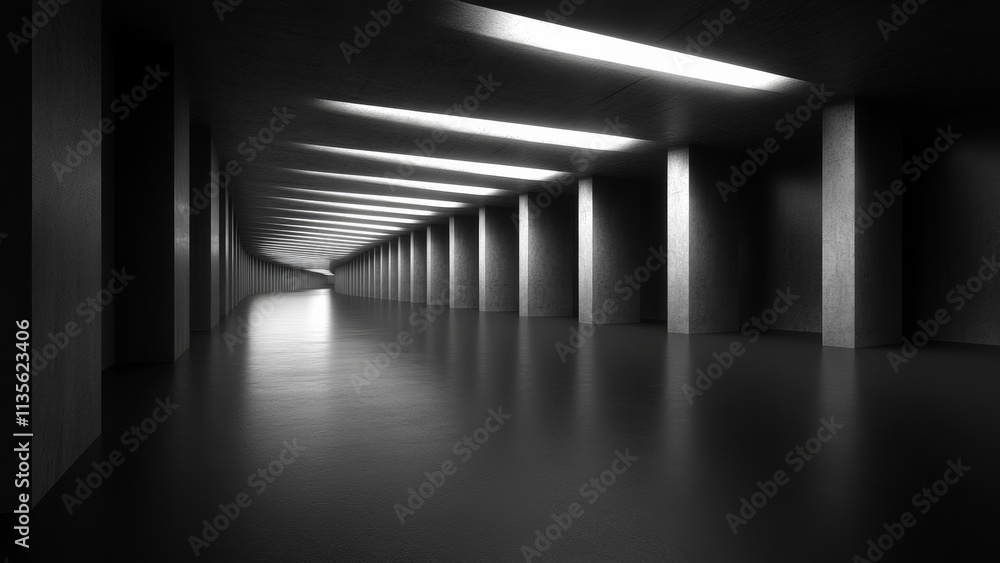 Fototapeta premium Long corridor with dramatic lighting in a modern architectural space