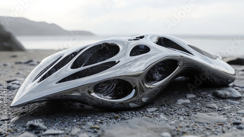 Unique sculptural design on a beach with ocean backdrop photo