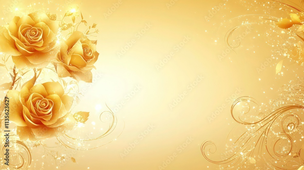 A soft golden yellow gradient backdrop fading from a warm light gold at the center to a richer amber hue at the edges. The upper-left corner features three radiant golden roses.