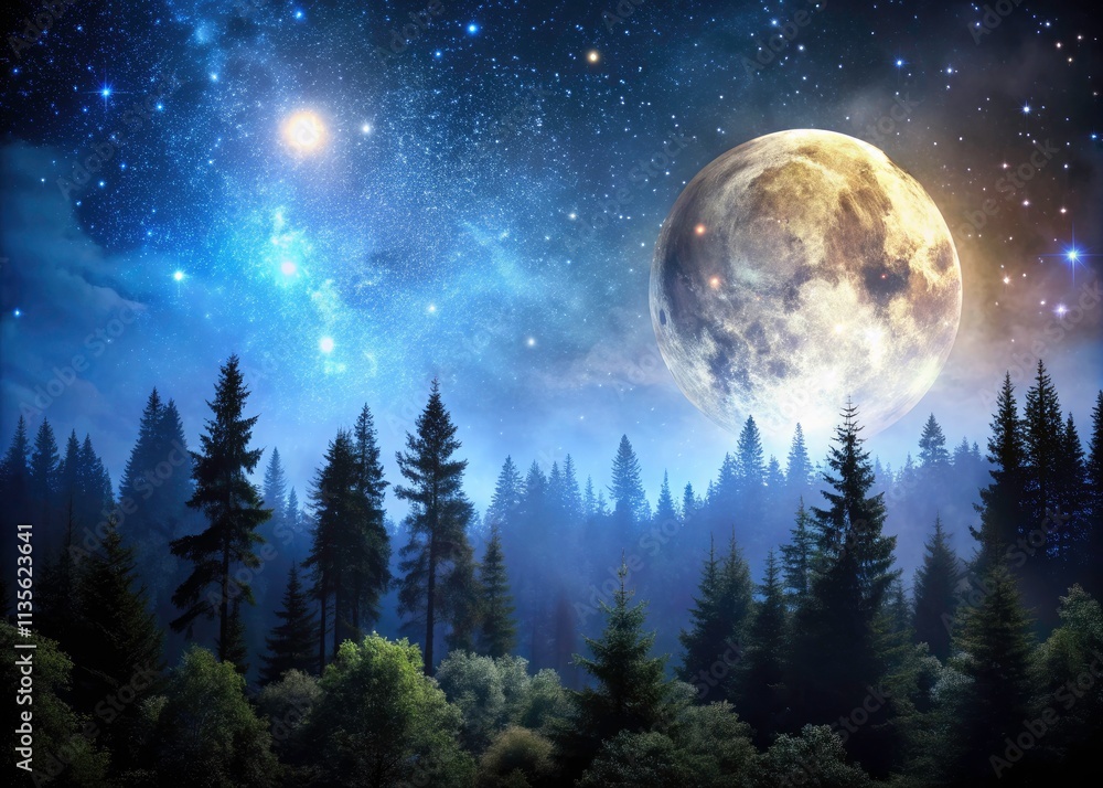 Enchanting Full Moon Over Spooky Forest at Night - Dark Sky Illuminates Eerie Landscape, Perfect for Halloween and Nighttime Photography Enchanting Full Moon Over Spooky Forest at Night - Dark Sky Illuminates Eerie Landscape, Perfect for Halloween and Nighttime Photography