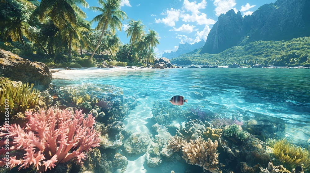 Naklejka premium A vibrant tropical scene featuring clear water, coral reefs, and lush palm trees.